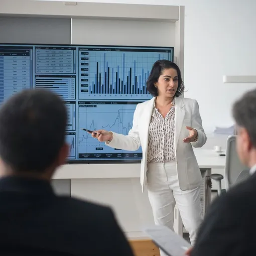 Content marketing strategy presentation to business team Businesswoman presenting marketing performance data on a large screen to a team during a strategy meeting